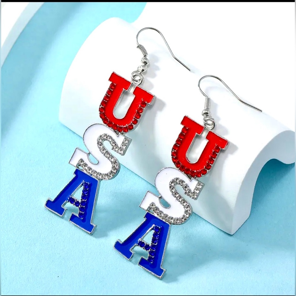 USA Red and White Dangle Earrings with Silver Framework
